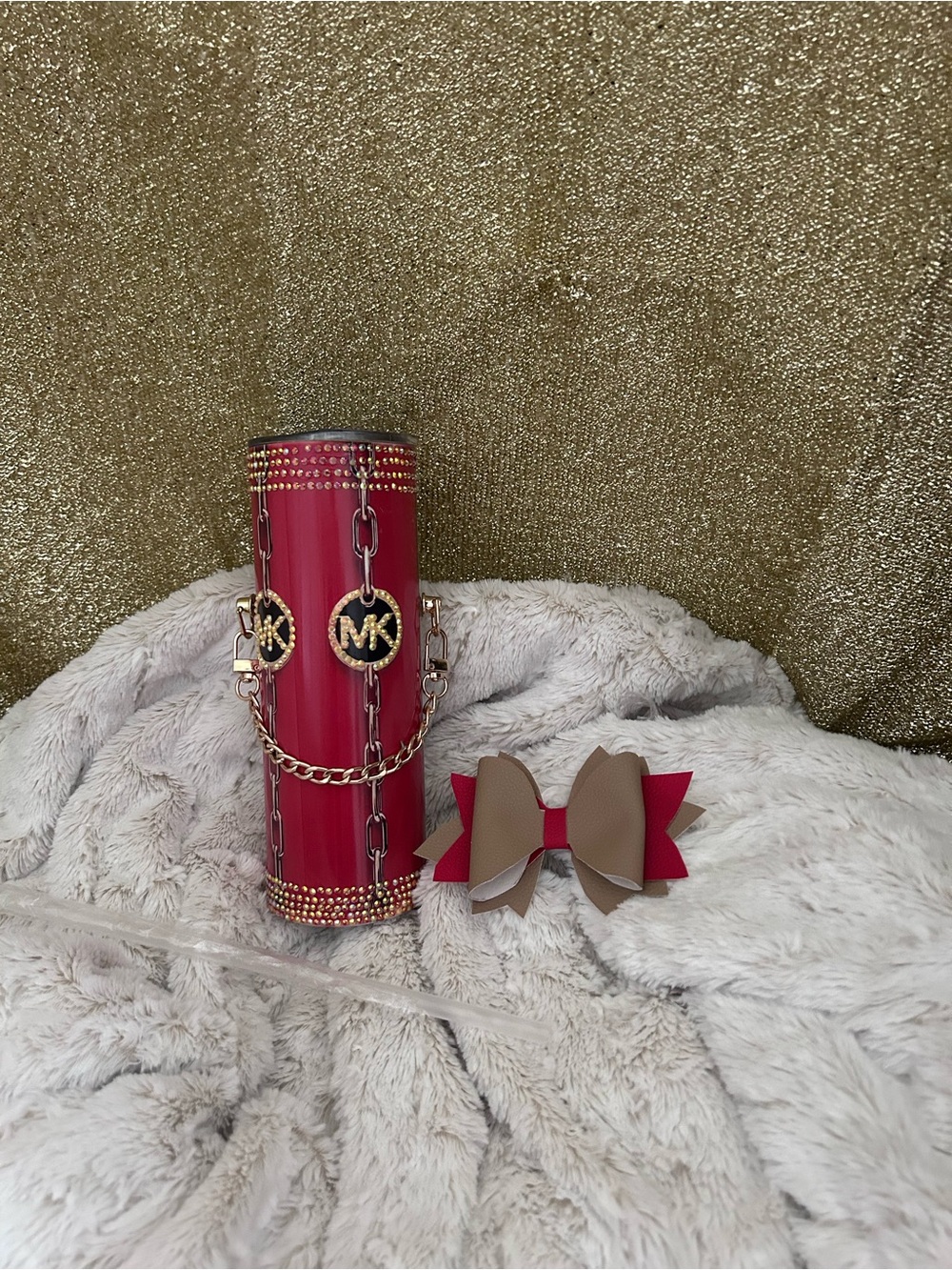 Red Cylindrical Logo Charm Crossbody with Gold Accents